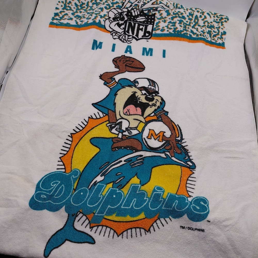 Vtg 90s NFL MIAMI DOLPHINS Taz Tasmanian Devil Beach Pool Towel 28"x55" USA Rare
